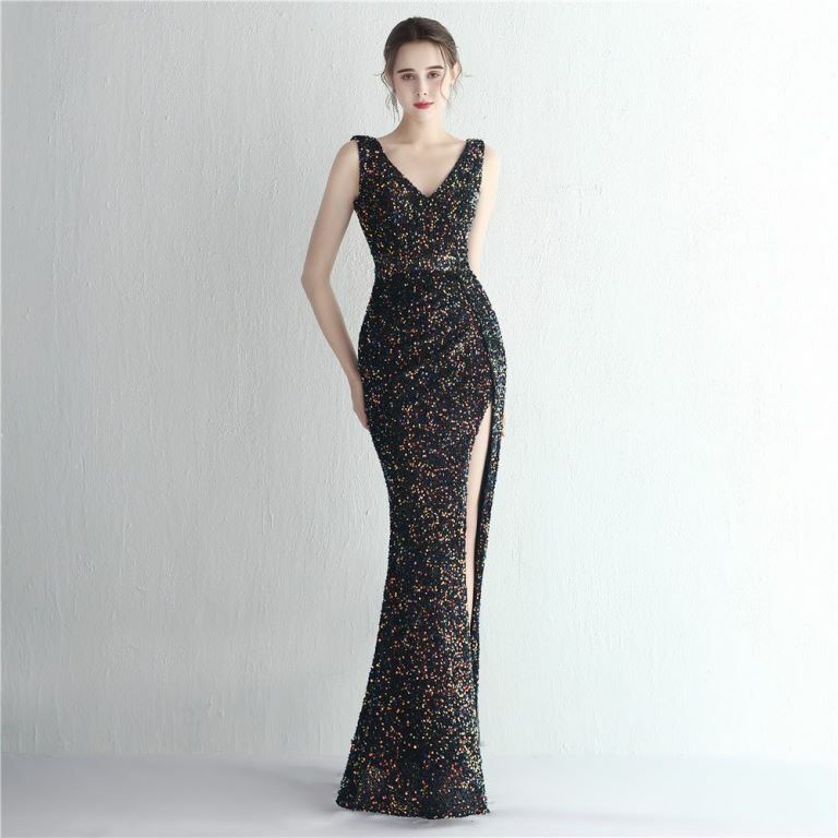 Sleeveless V-Neck Overlap Slit Evening Gown (Black) (Retail)