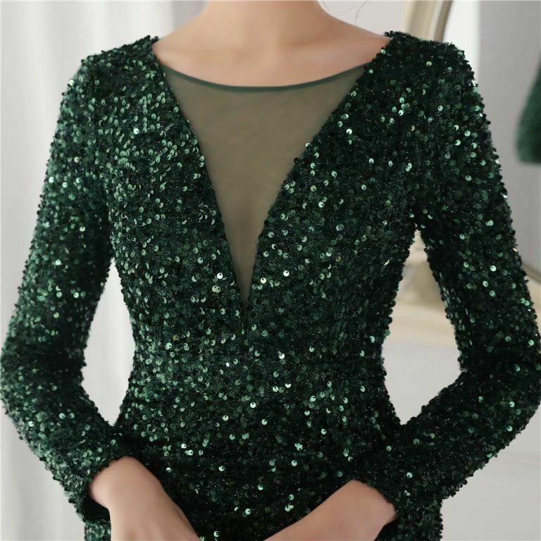 Long Sleeve Illusion V-Neck Evening Gowns (Green) (Retail)