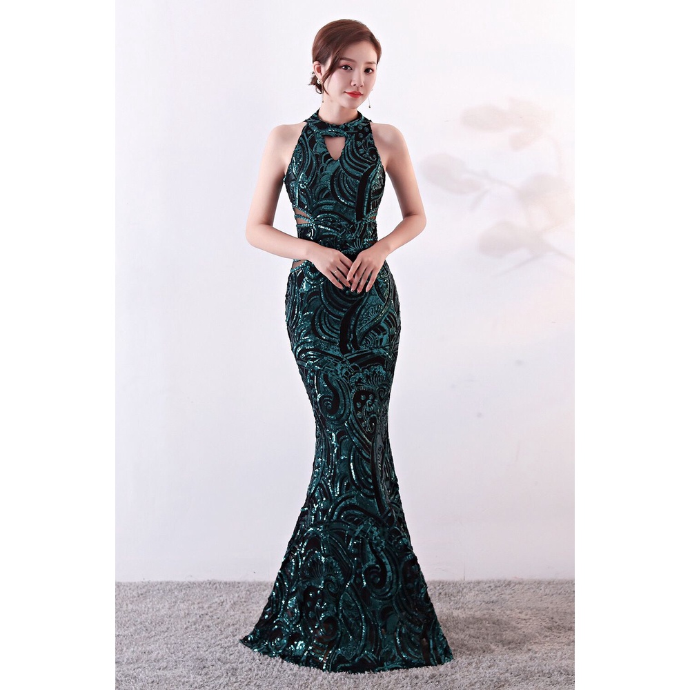 [Halter Neck Sequins Long Evening Gown (Green) (Made To Order)