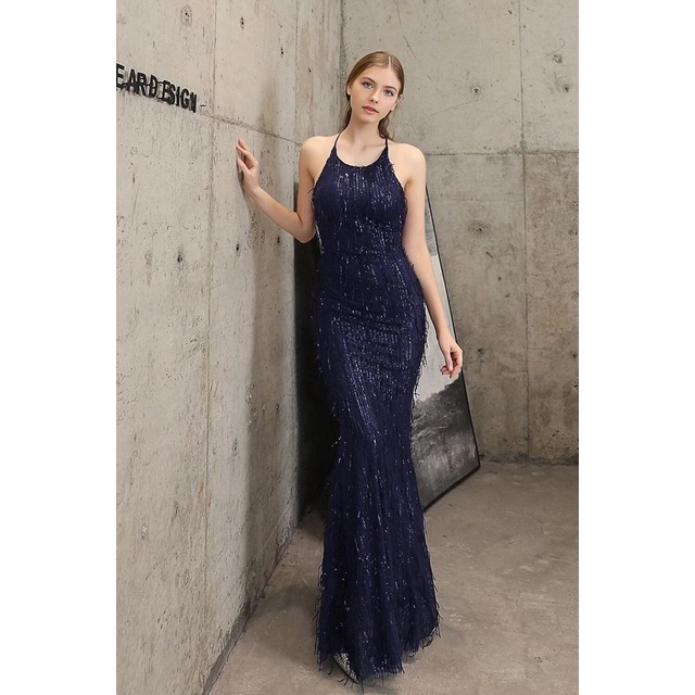 Halter with Back Cross Mermaid Evening Gown (Blue) (Made To Order)