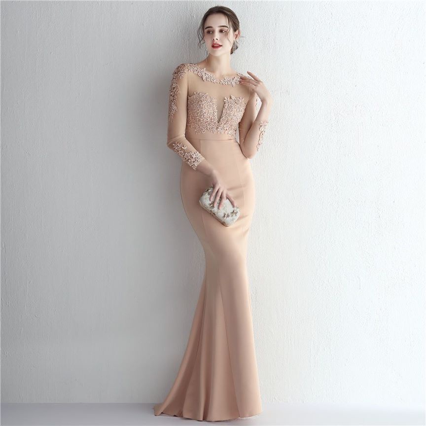 Elegant Long Sleeve Lace Mermaid Evening Gown (Beige) (Made To Order)