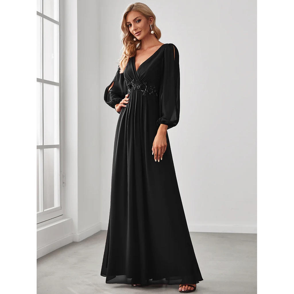 Long Lantern Sleeves V-Neck A-Line Evening Gowns (Black) (Retail)