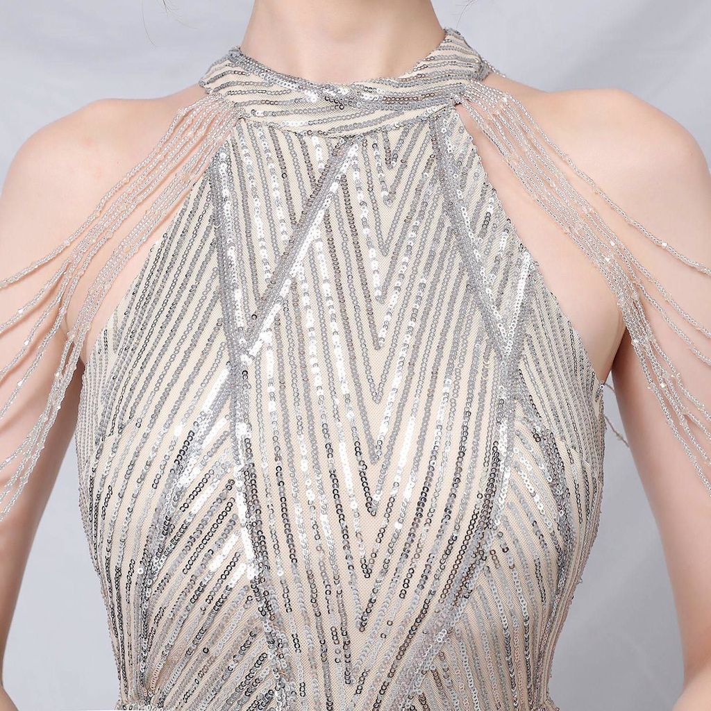 Sequins Halter Neck with Beads Mermaid Long Gown (Silver) (Retail)