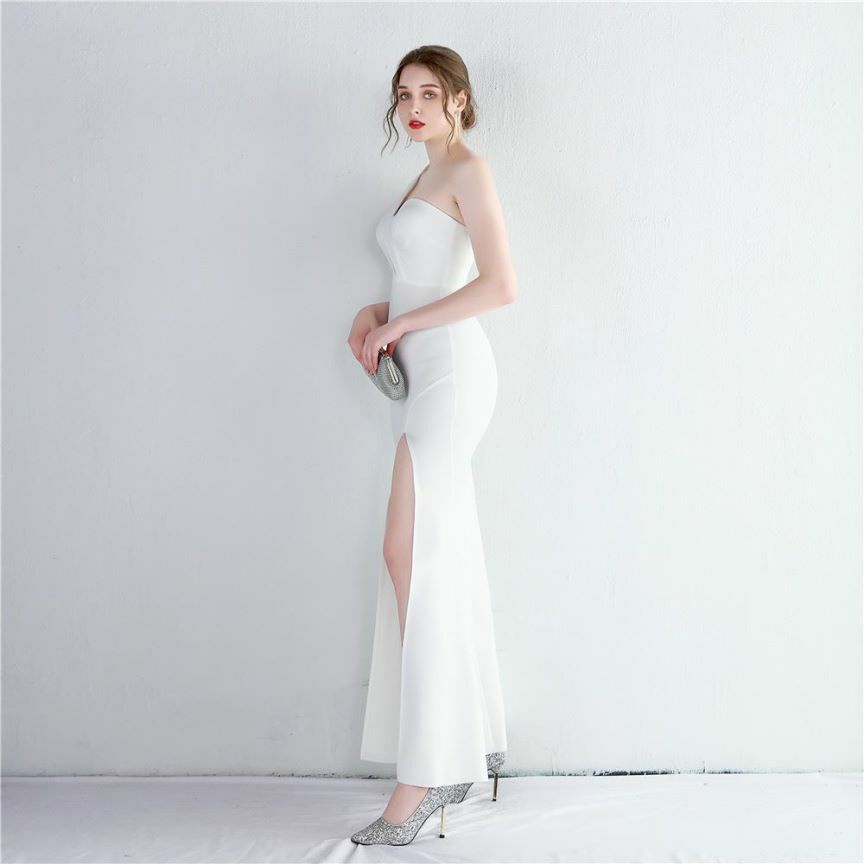 One Side Off Shoulder with High Slit Evening Dress (White) (Made To Order)
