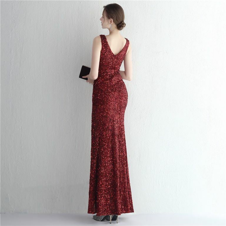 Sleeveless V-Neck Overlap Slit Evening Gown (Maroon) (Made To Order)