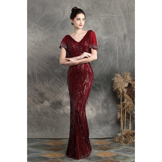 Flare Sleeve V-Neck Evening Gown - Burgundy	 (Retail)
