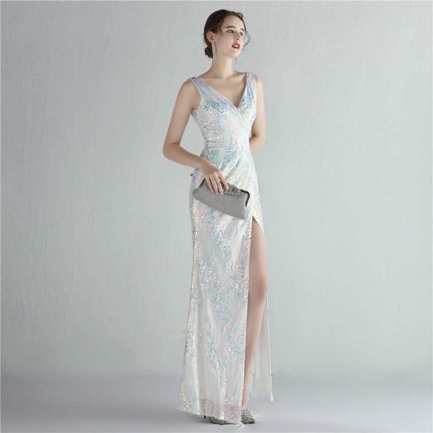 Multicolors Sequins V-Neck High Slit Evening Gown (White) (Made To Order)