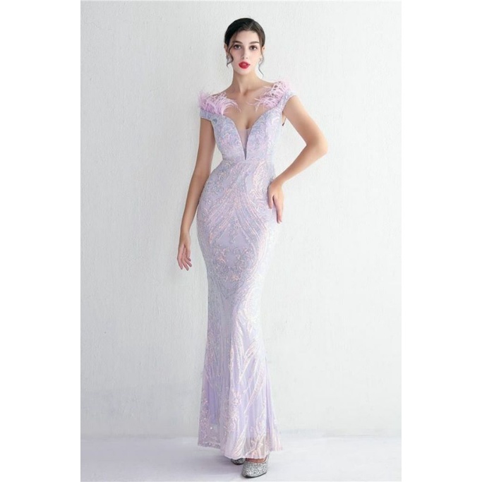 Elegant Off Shoulder Feather Mermaid Evening Gown (Lilac) (Made To Order)