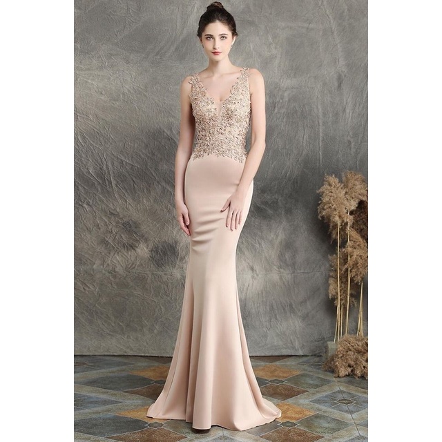 Low Back V-Neck Mermaid Evening Gown (Beige) (Made To Order)