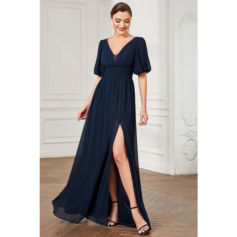 Puffy Sleeves With High Slit Evening Dress (Navy Blue) (Retail)