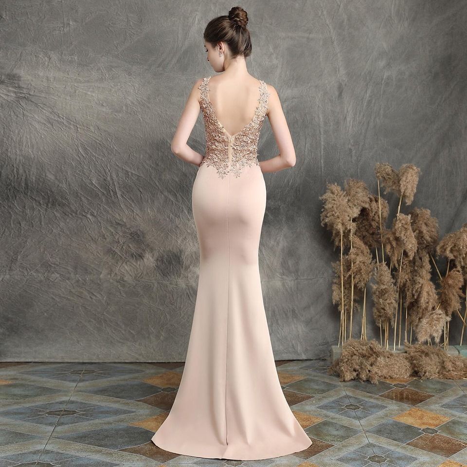 Low Back V-Neck Mermaid Evening Gown (Beige) (Retail)