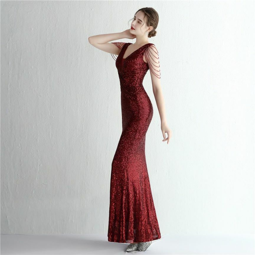 Illusion V-Neck Folded Waist Evening Gown (Maroon) (Made To Order)