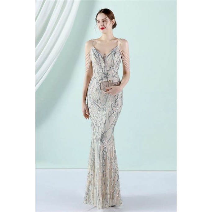 Spaghetti Pattern Sequins Mermaid Evening Gown (Silver) (Made To Order)
