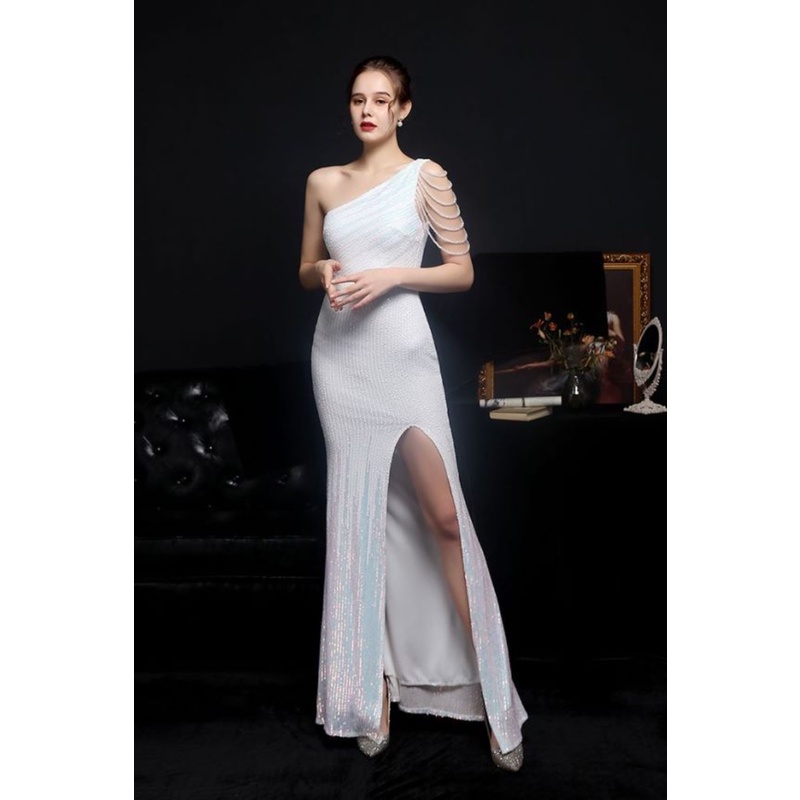 Elegant One Side Shoulder Sequins Two Tone Fitted with Slit Evening Gown (White) (Made To Order)