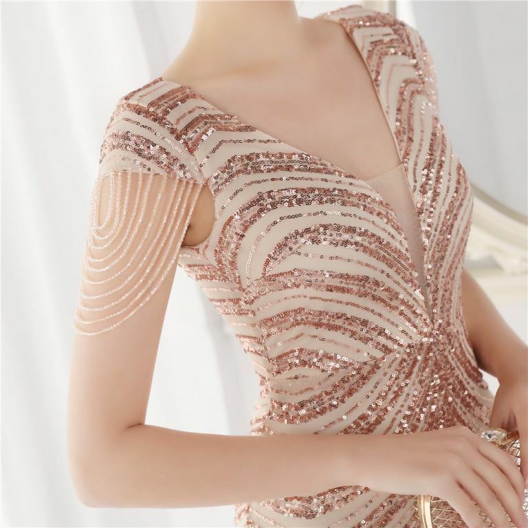 Illusion V-Neck Sequins with Beads Mermaid Evening Gown (Rose Gold) (Made To Order)