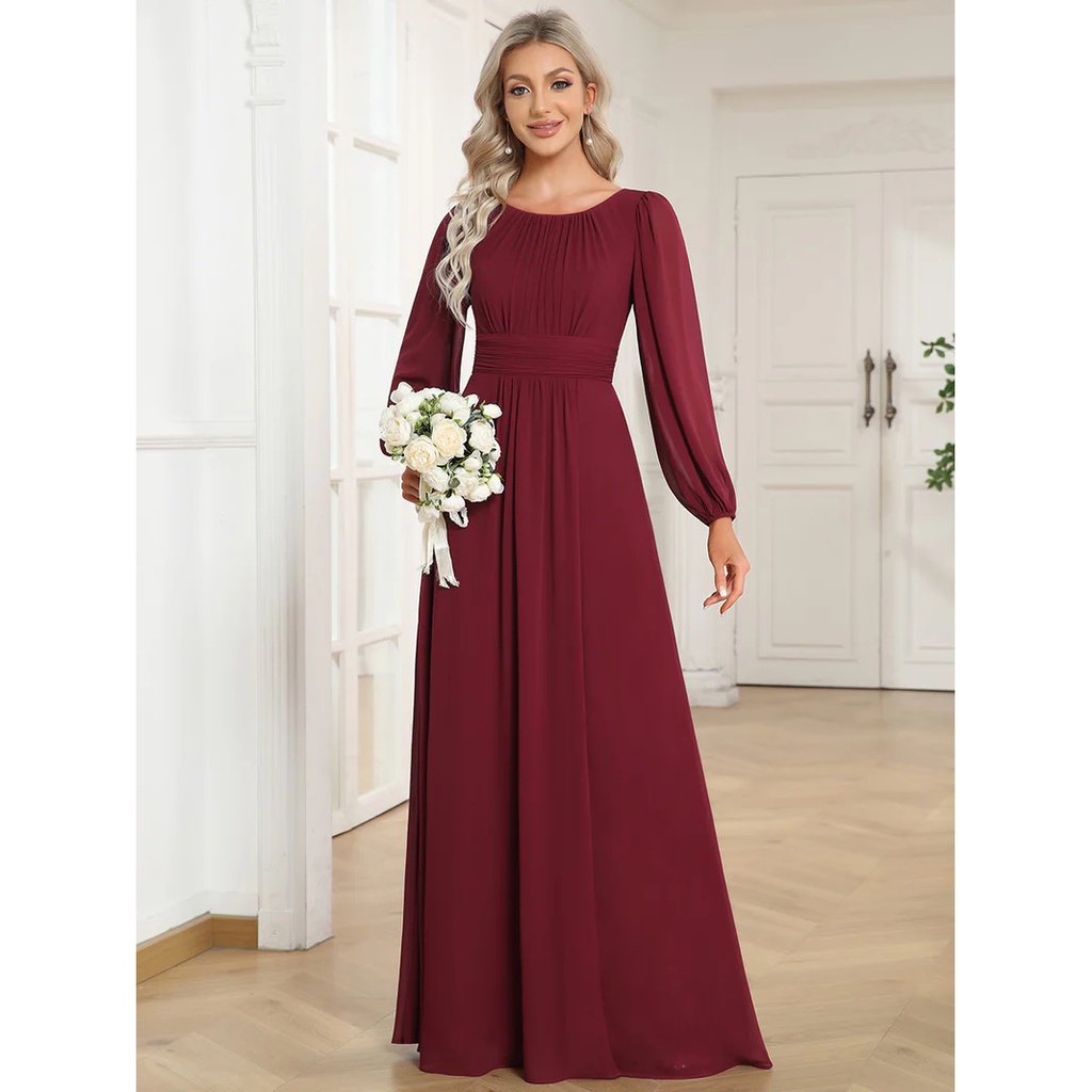 Long Lantern Sleeve A-Line Evening Gown (Maroon) (Retail)