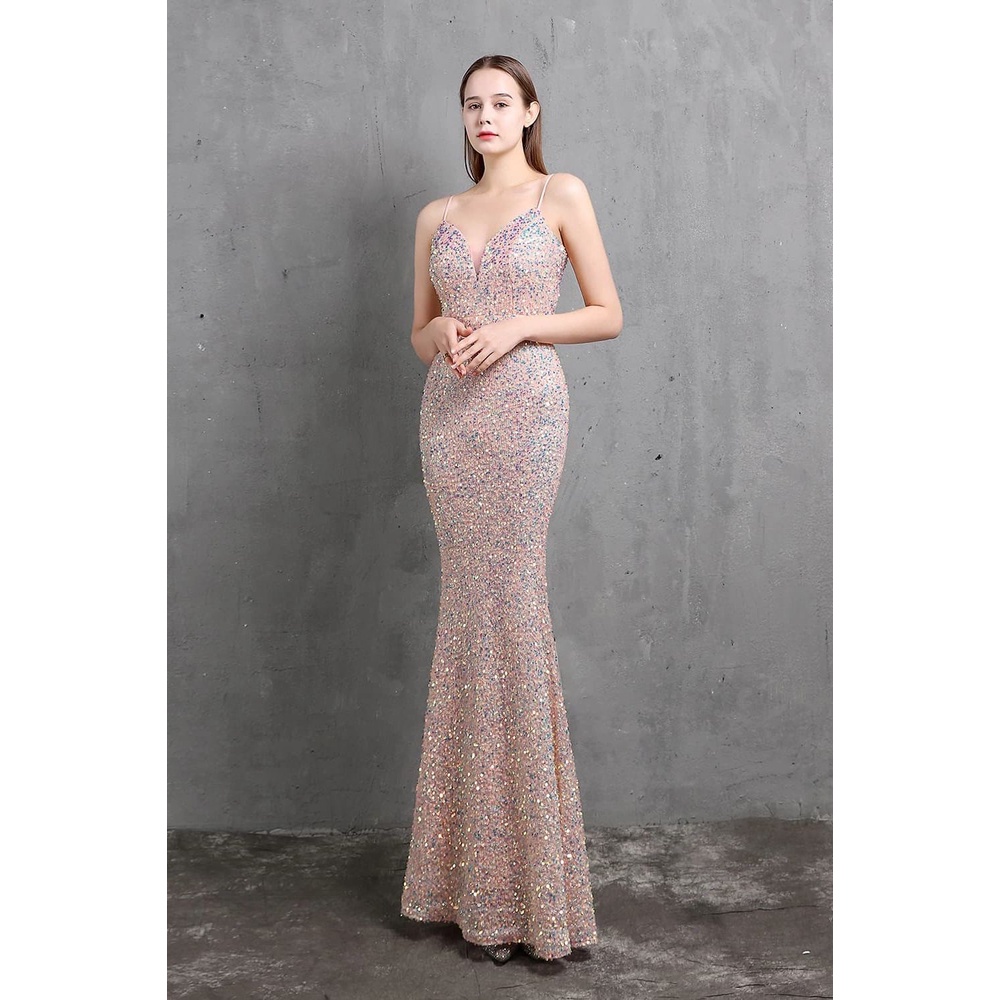 Elegant V-Neck Sequins Mermaid Gown (Pink) (Retail)