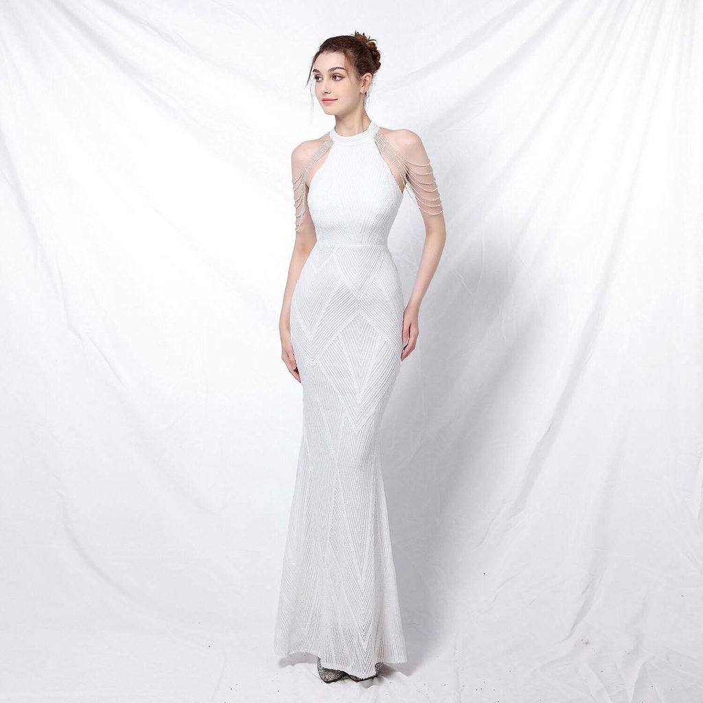 Sequins Halter Neck with Beads Mermaid Long Gown (White) (Retail)
