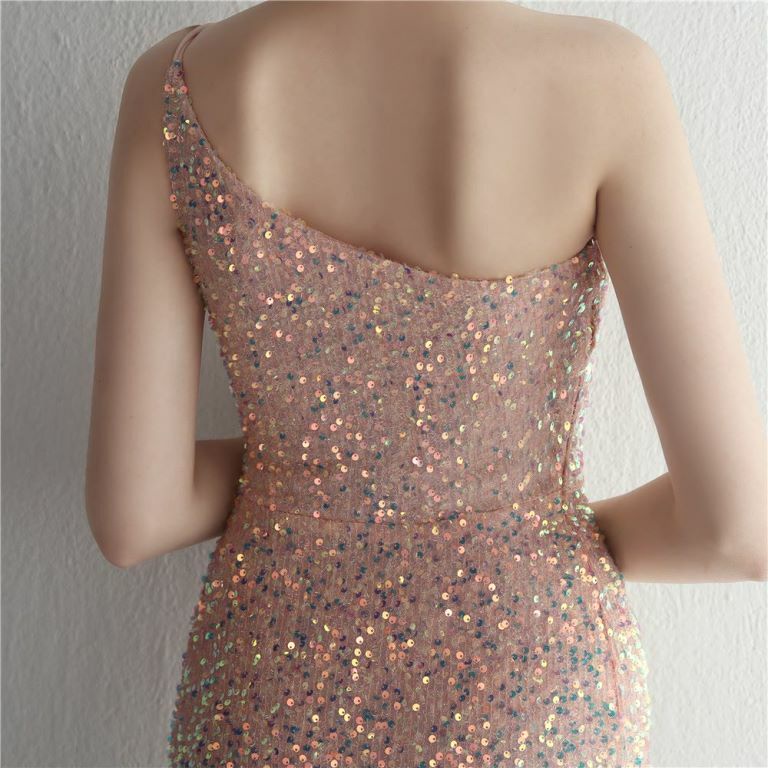 One Side Off Shoulder Sequins Slit Evening Gown (Pink) (Made To Order)