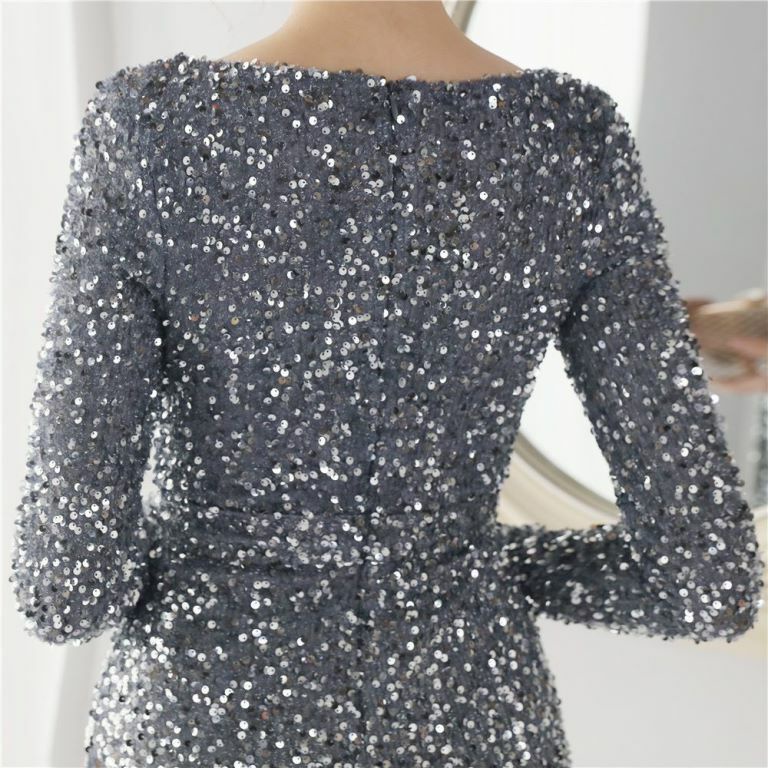 Long Sleeve Illusion V-Neck Evening Gowns (Silver) (Made To Order)