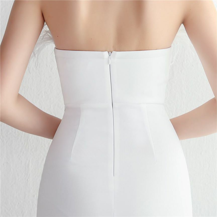 Strapless Feather Bodycon Evening Gown (White) (Made To Order)