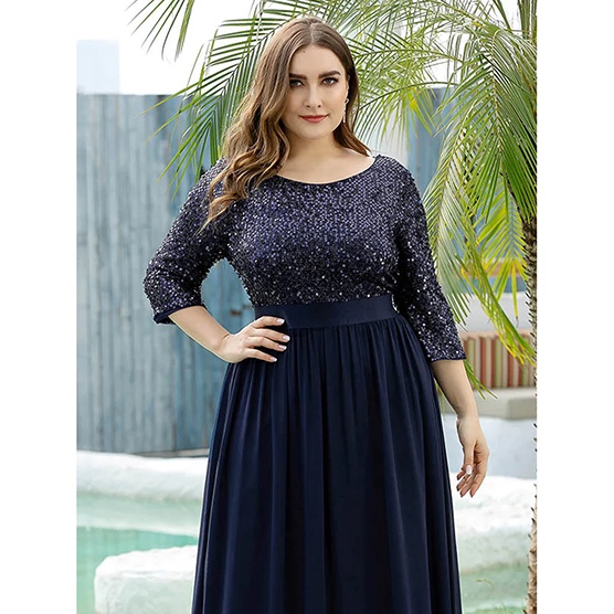 Half Sleeves Sequins A-Line Evening Gown (Navy Blue) (Made To Order)
