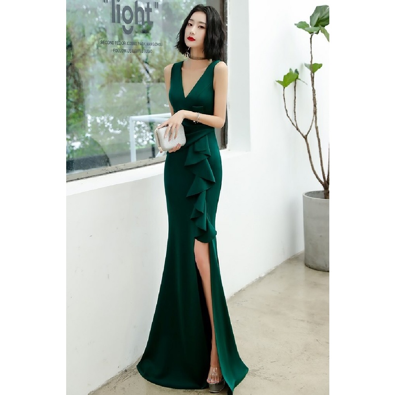 V-Neck Ruffles One Side Fitted Dinner Gown (Green) (Retail)