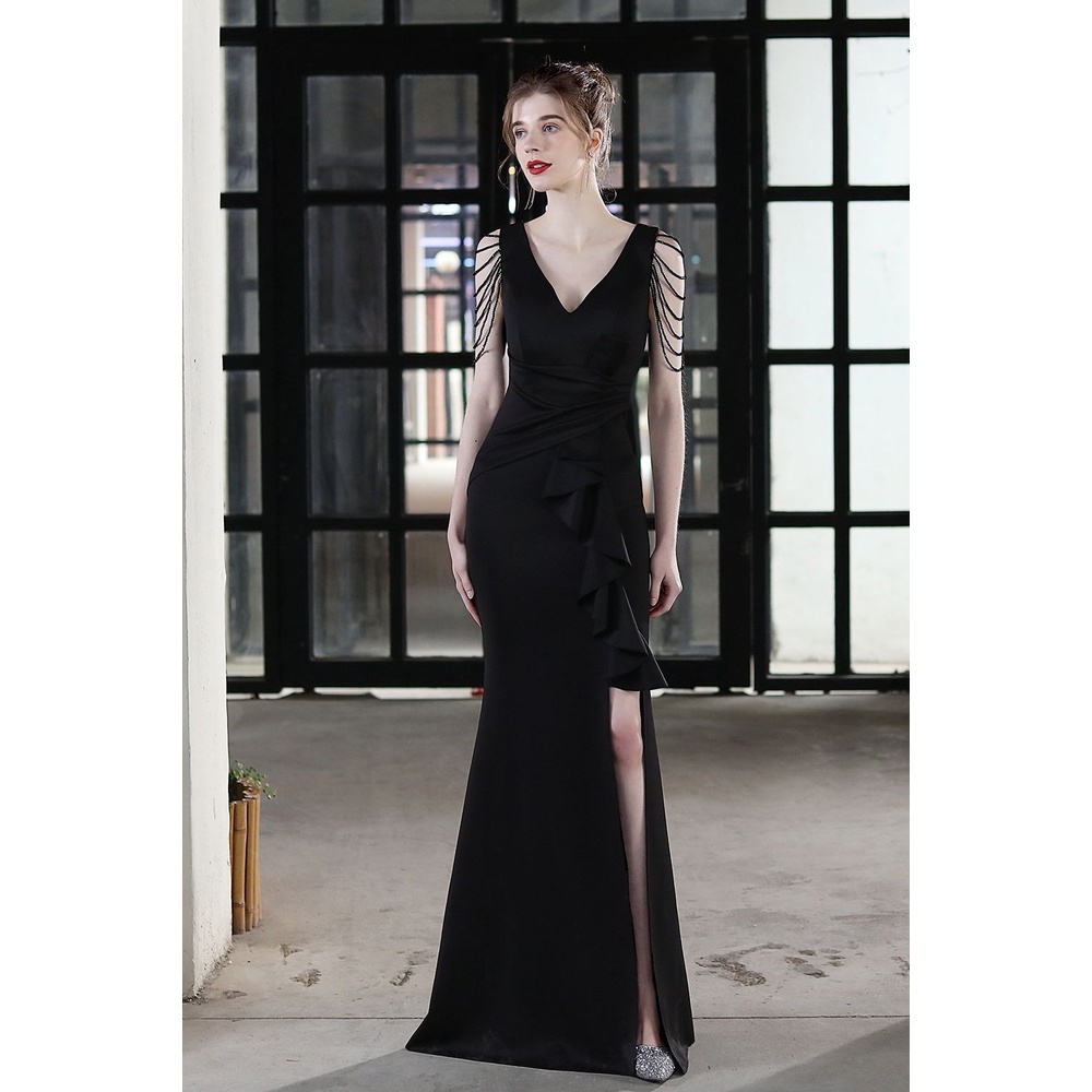 Beads Sleeve V-Neck Ruffles One Side Fitted Dinner Gown (Black) (Retail)