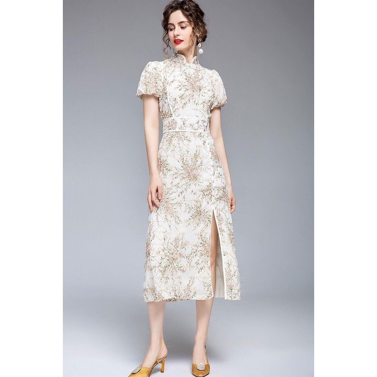 Floral Puffy Sleeve Cheongsam	 (Made To Order)