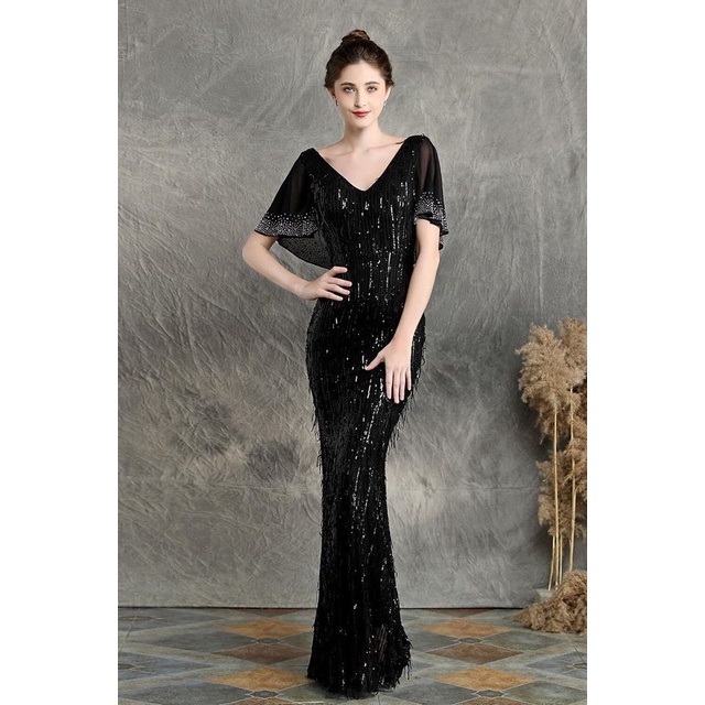 Flare Sleeve V-Neck Evening Gown (Black) (Made To Order)