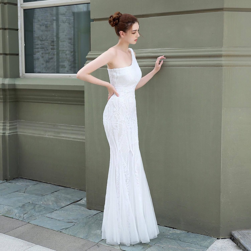 One Side Shoulder Sequins Mermaid Evening Gown (White) (Made To Order)