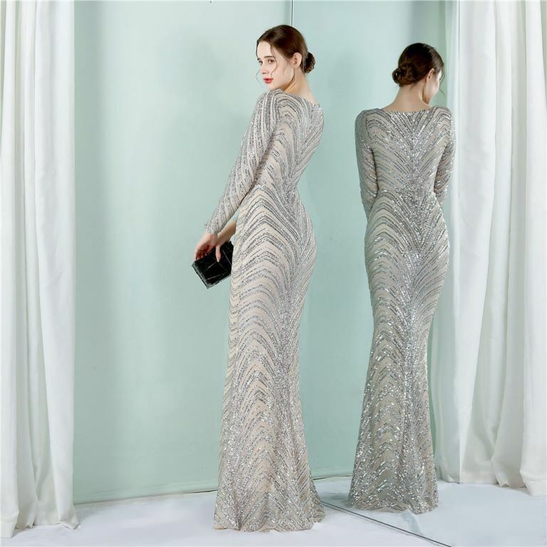 Long Sleeve Sequins Mermaid Evening Gown (Silver) (Made To Order)