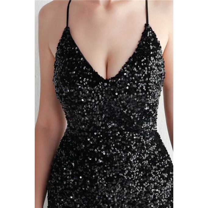 Gorgeous Open Back Spaghetti Evening Gown (Black) (Made To Order)