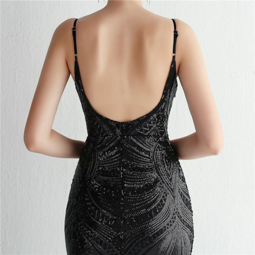 Low Back Spaghetti Mermaid Evening Gown (Black) (Made To Order)