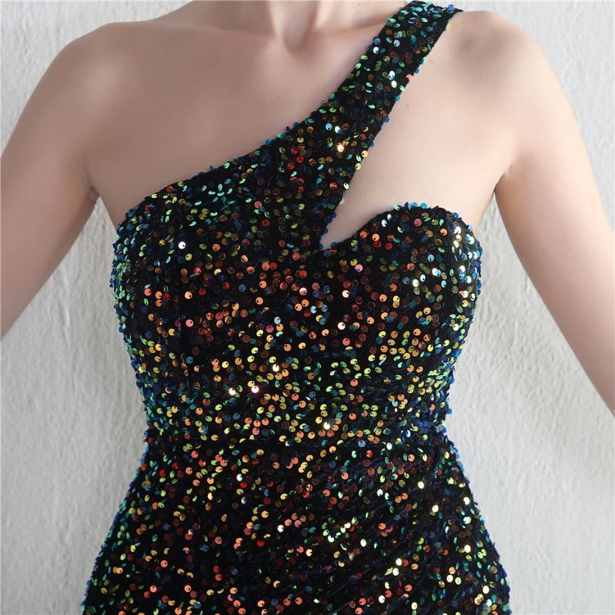 One Side Shoulder Sequins with Overlap Slit Evening Gowns (Two Tone Black) (Retail)