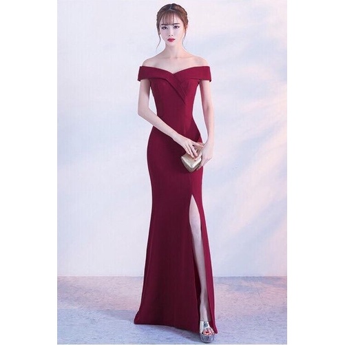 One Shoulder Fitted Slim High Slit Evening Gown (Burgundy) (Made To Order)