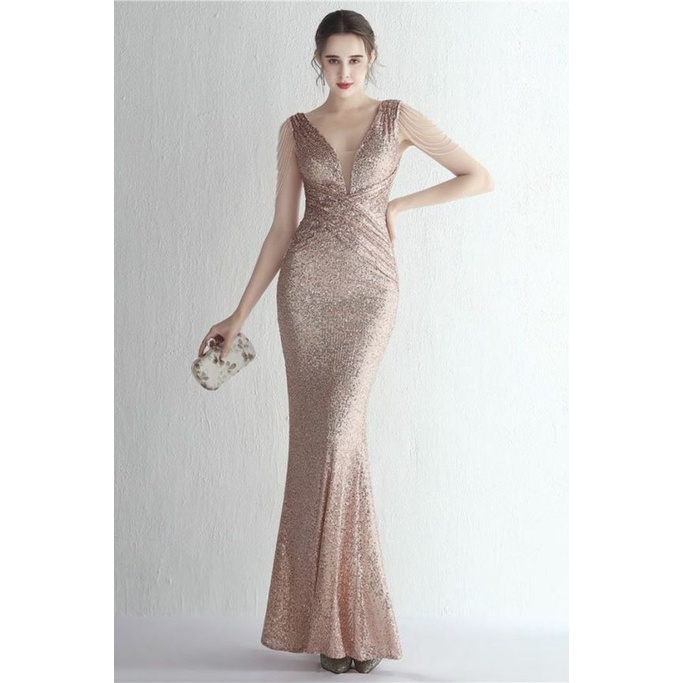 Illusion V-Neck Folded Waist Evening Gown (Gold) (Made To Order)