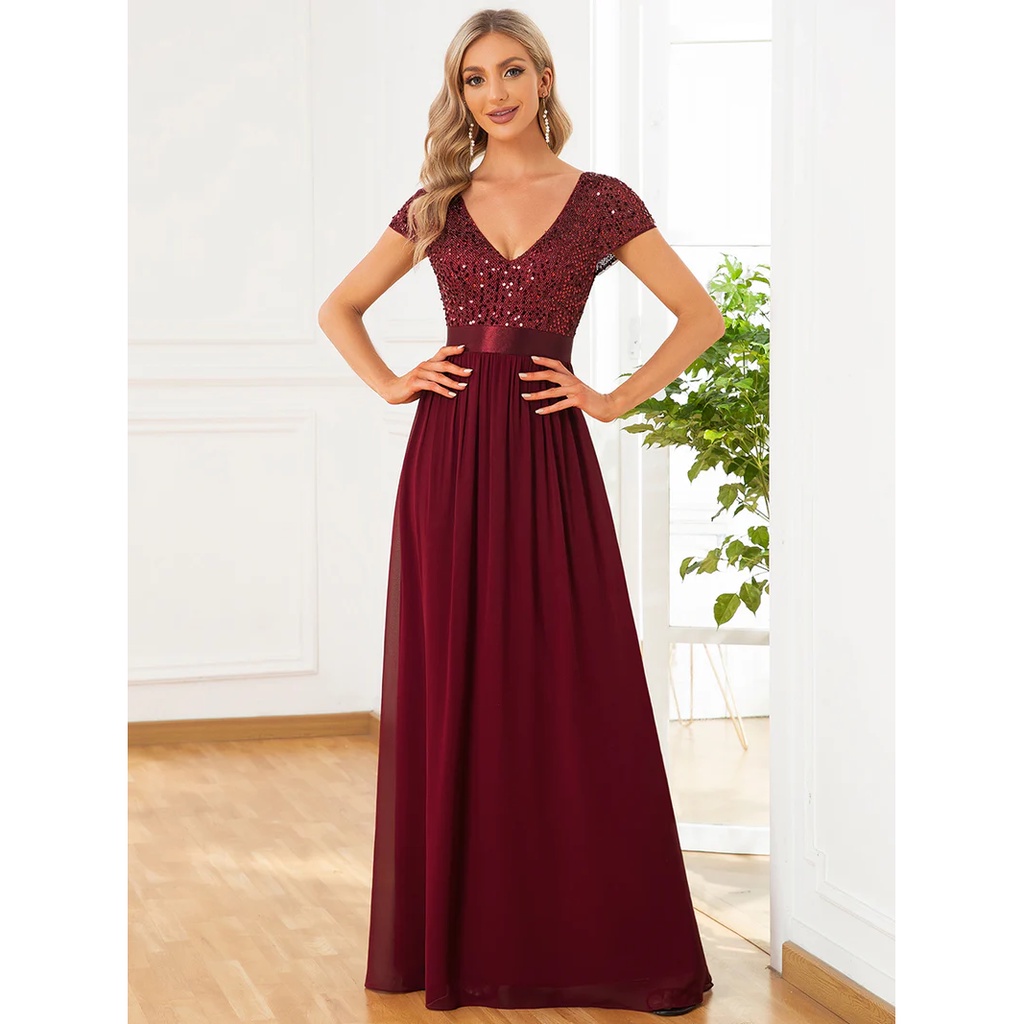 Short Sleeves Sequins A-Line Evening Gown (Maroon) (Retail)