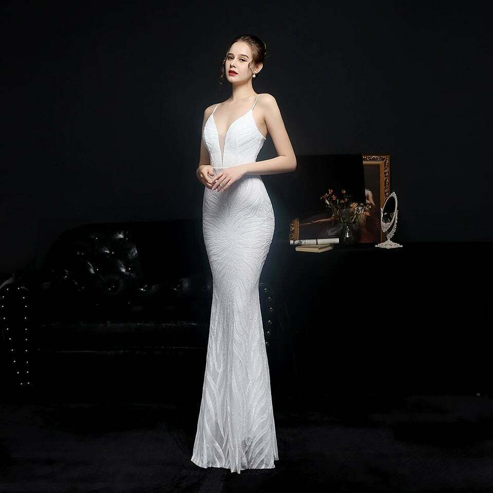 [ReadyStock] Spaghetti Sequins Pattern Mermaid Gown - White
