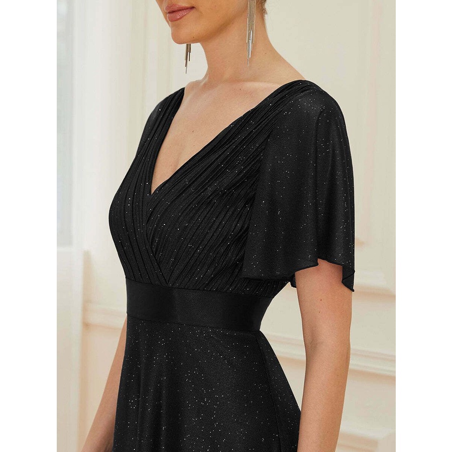 Deep V Neck Ruffles Sleeve A Line Evening Gown (Black) (Retail)