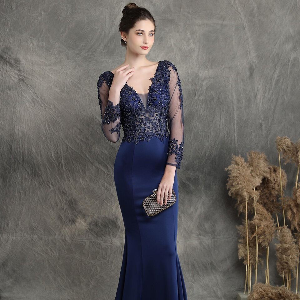 Long Sleeve Luxury Lace Fish Tail Mermaid Gown (Navy Blue) (Made To Order)