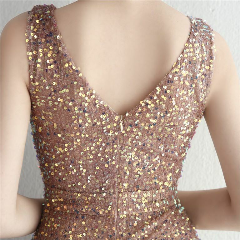 Sleeveless V-Neck Overlap Slit Evening Gown (Gold) (Made To Order)