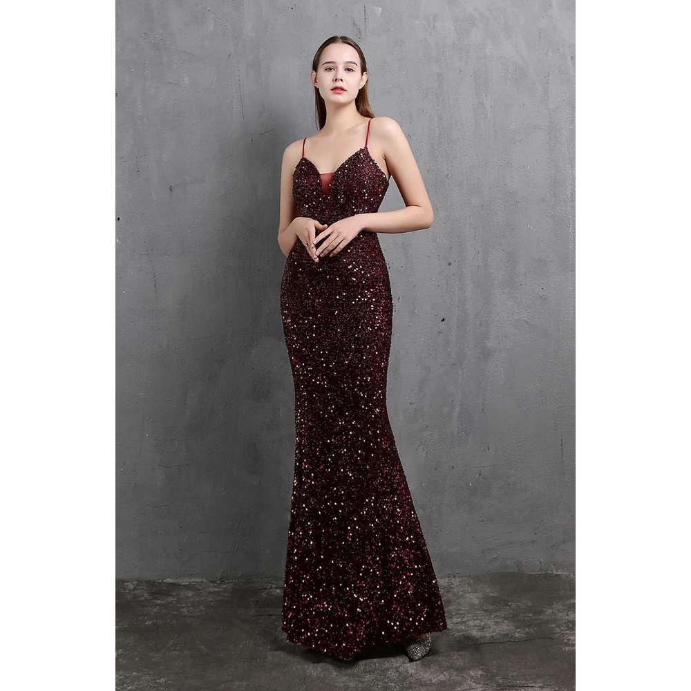 Spaghetti Sequins Mermaid Gown (Burgundy) (Made To Order)