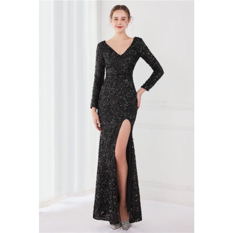 Elegant Long Sleeve Sequins Evening Gown (Black) (Made To Order)