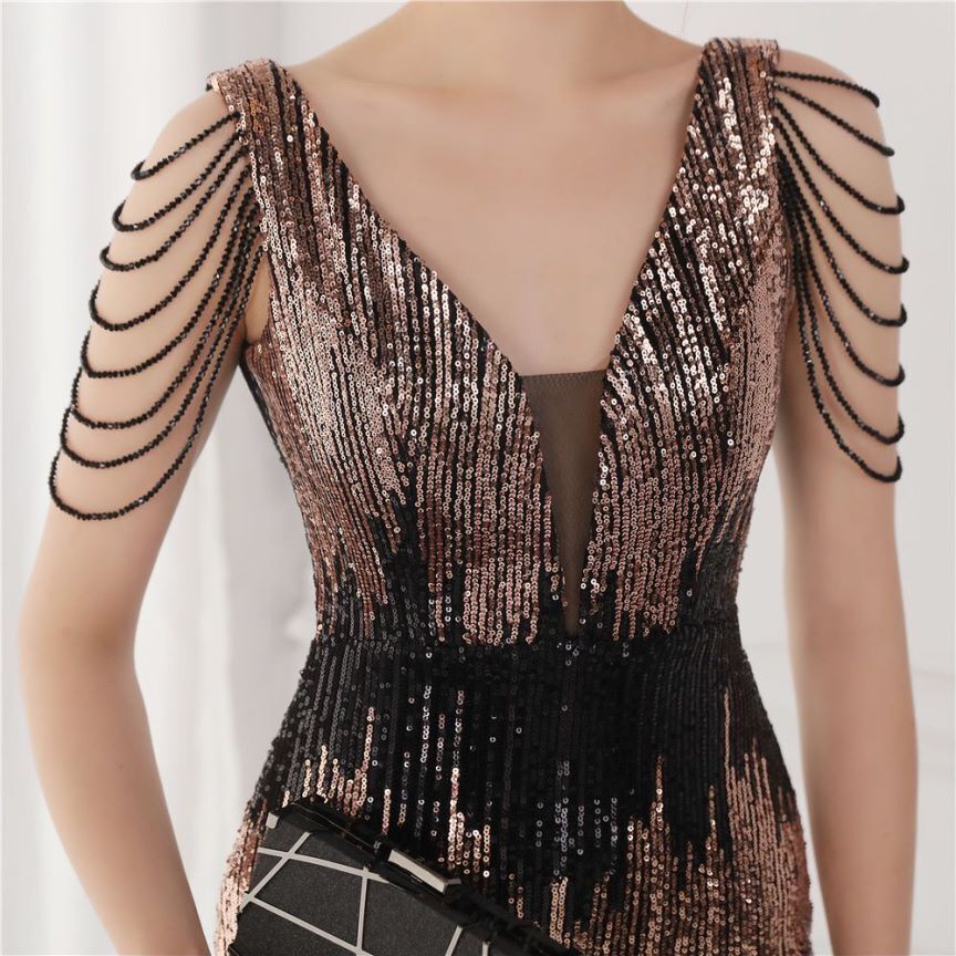 Fashion Crystal Sequins Duo Tone Mermaid Evening Gown (Black Gold) (Retail)