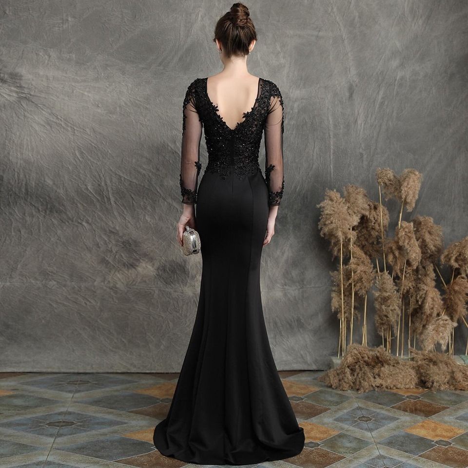 Long Sleeve Luxury Lace Fish Tail Mermaid Gown (Black) (Retail)