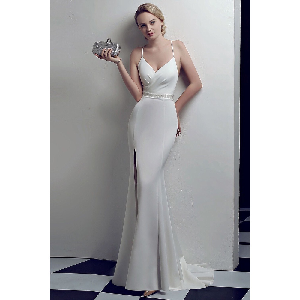 Sexy Slim Low Back Party Evening Gown (White) (Made To Order)