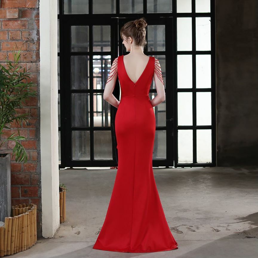 Beads Sleeve V-Neck Ruffles One Side Fitted Dinner Gown (Red) (Made To Order)