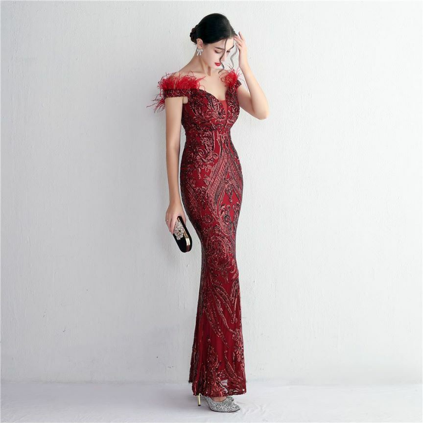 Elegant Off Shoulder Feather Mermaid Evening Gown (Maroon) (Made To Order)