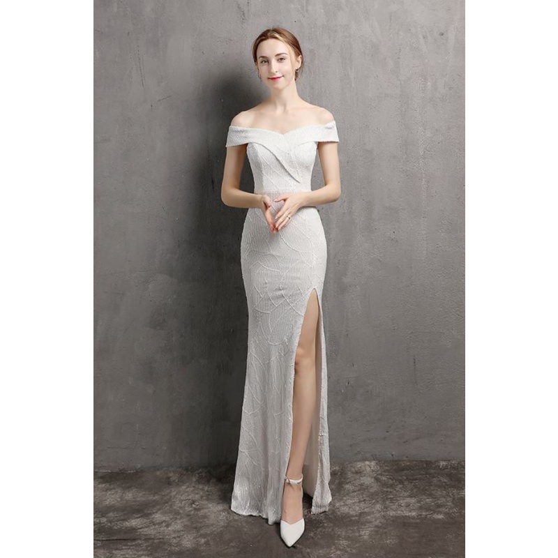 Off Shoulder Sequins High Slit Evening Gown (White) (Made To Order)